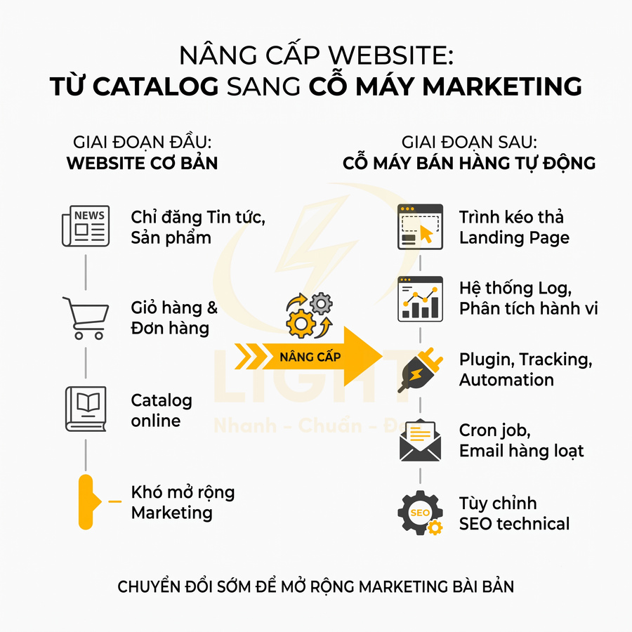 Mô hình nâng cấp website từ catalog cơ bản thành cỗ máy marketing bán hàng tự động với các tính năng SEO và automation