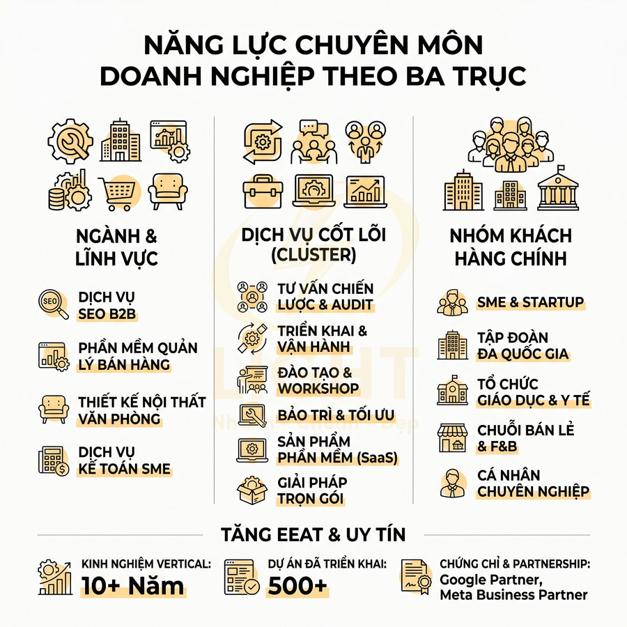 Năng lực chuyên môn doanh nghiệp theo ba trục về ngành dịch vụ, dịch vụ cốt lõi và nhóm khách hàng chính