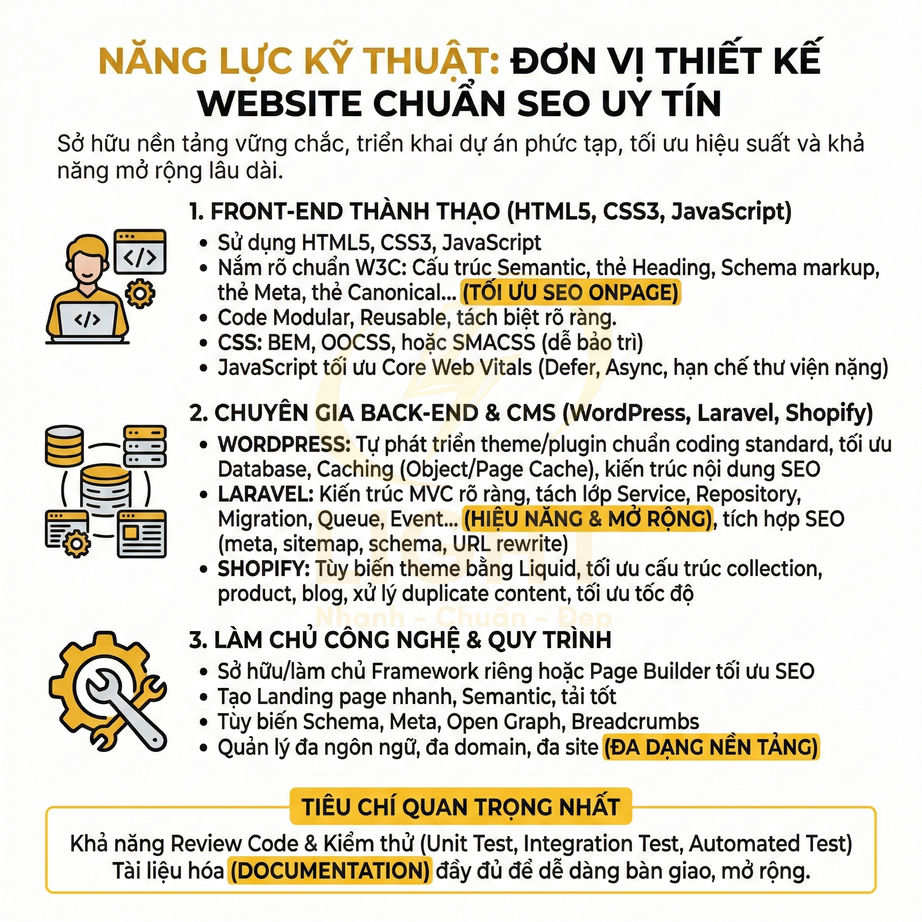 Năng lực kỹ thuật của đơn vị thiết kế website chuẩn SEO với thế mạnh front end, back end và tối ưu hiệu năng