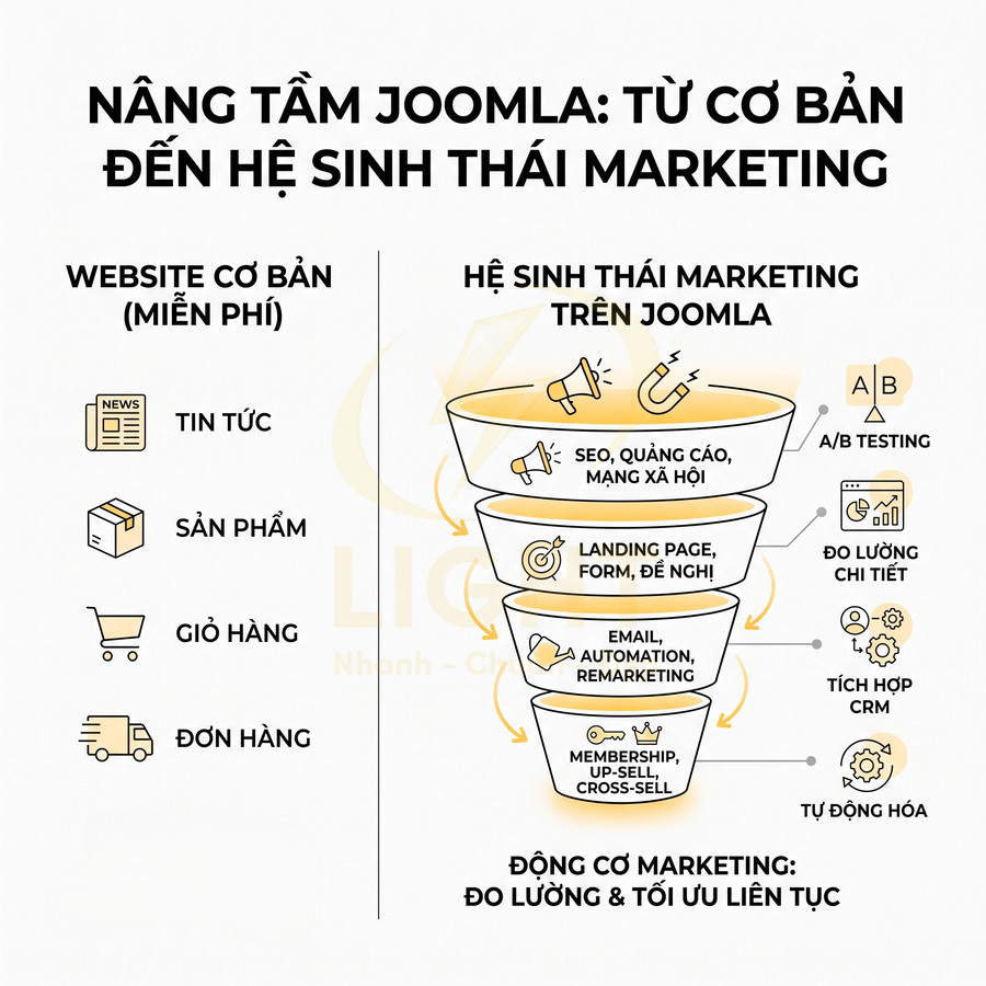 Infographic nâng tầm website Joomla cơ bản thành hệ sinh thái marketing với phễu SEO, landing page, email và tự động hóa