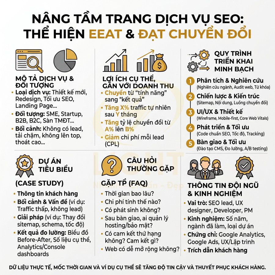 Infographic hướng dẫn nâng tầm trang dịch vụ SEO thể hiện EEAT, quy trình triển khai và lợi ích tăng chuyển đổi