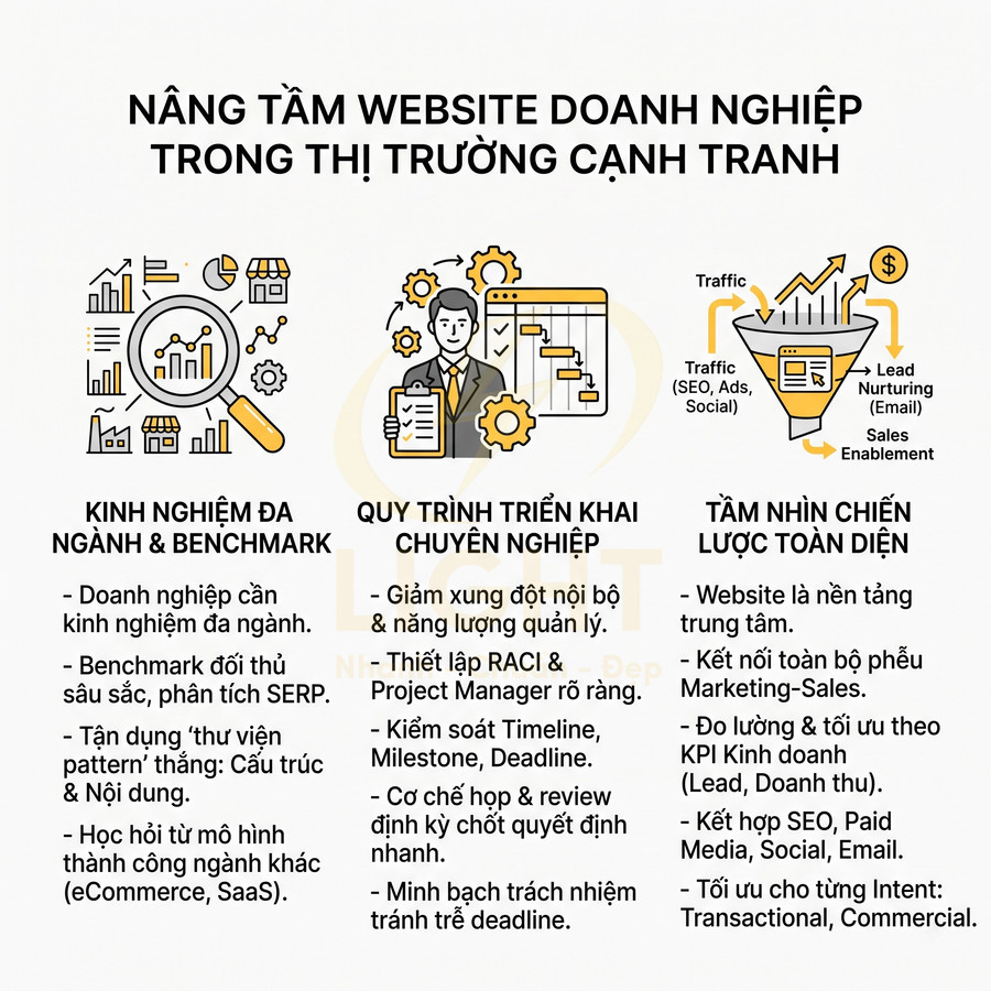 Infographic giới thiệu dịch vụ nâng tầm website doanh nghiệp với kinh nghiệm đa ngành, quy trình triển khai và chiến lược marketing tổng thể