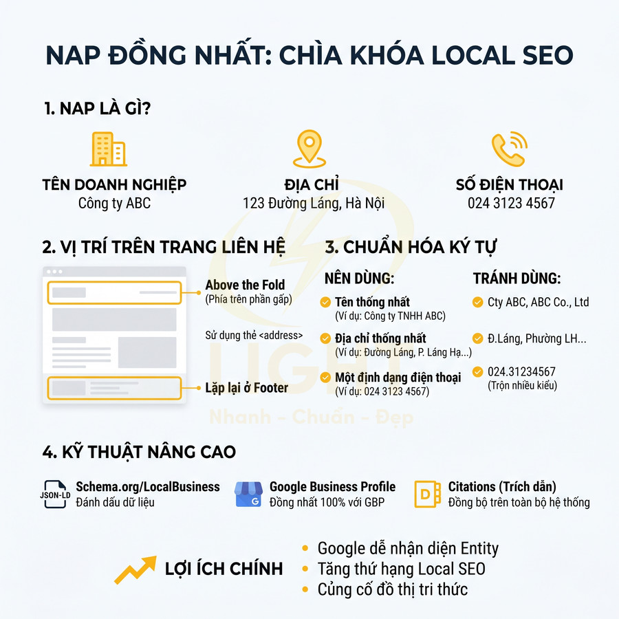Hướng dẫn tối ưu NAP đồng nhất làm chìa khóa Local SEO với ví dụ tên doanh nghiệp địa chỉ số điện thoại