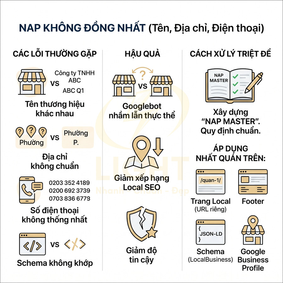Infographic giải thích lỗi NAP không đồng nhất và cách tối ưu Local SEO cho doanh nghiệp địa phương
