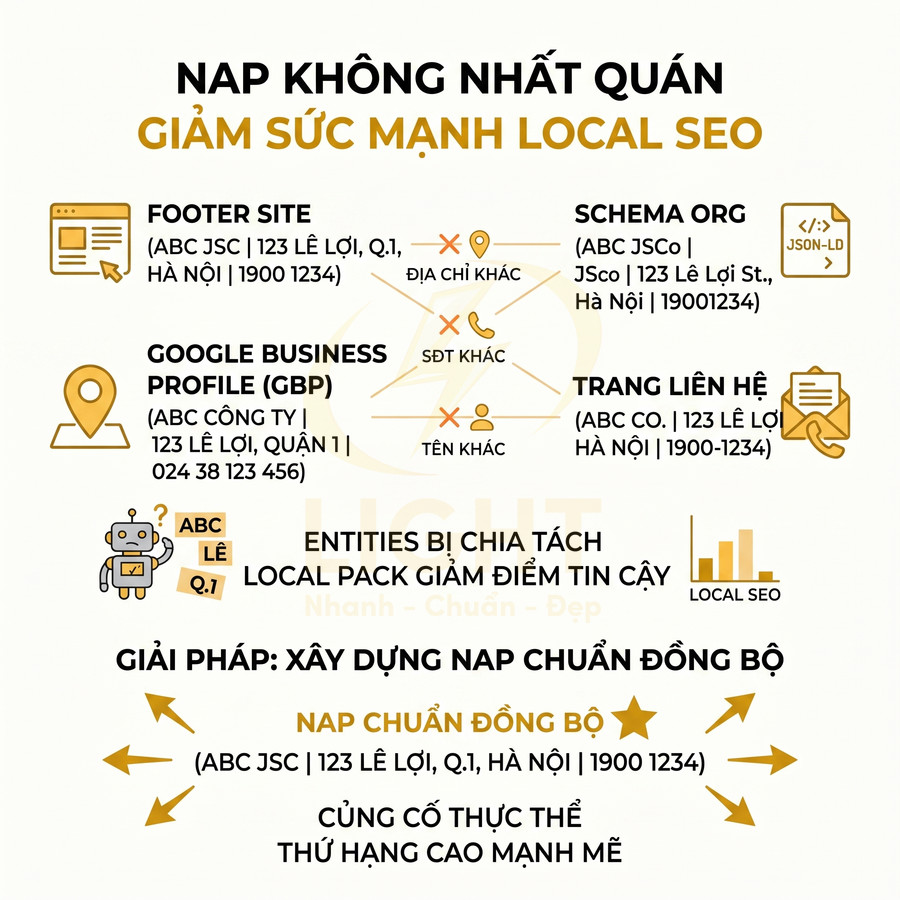 Minh họa NAP không nhất quán làm giảm sức mạnh Local SEO và giải pháp xây dựng NAP chuẩn đồng bộ