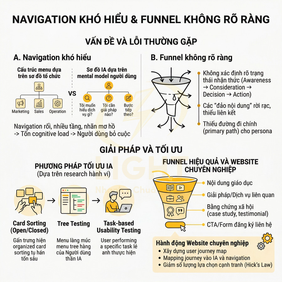 Infographic tiếng Việt về navigation khó hiểu và tối ưu funnel hiệu quả cho website, trình bày vấn đề và giải pháp UX/UI