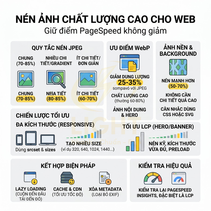 Hướng dẫn nén ảnh chất lượng cao cho web, tối ưu PageSpeed với JPEG, WebP, responsive, lazy loading và kiểm tra hiệu suất