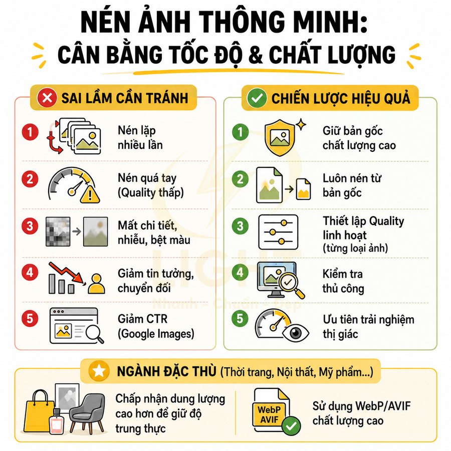Infographic hướng dẫn nén ảnh thông minh cân bằng tốc độ tải trang và chất lượng hiển thị trên website