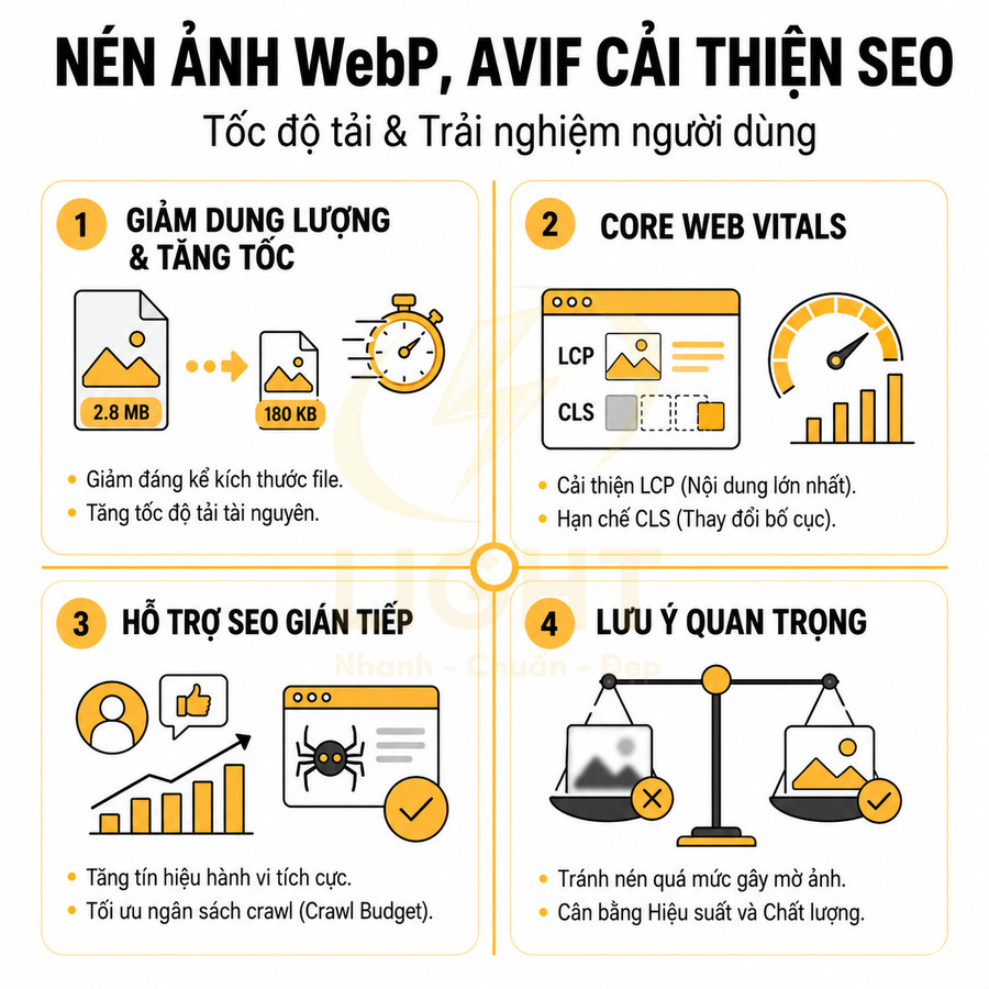Infographic lợi ích nén ảnh WebP AVIF giúp giảm dung lượng, tăng tốc tải trang và cải thiện SEO