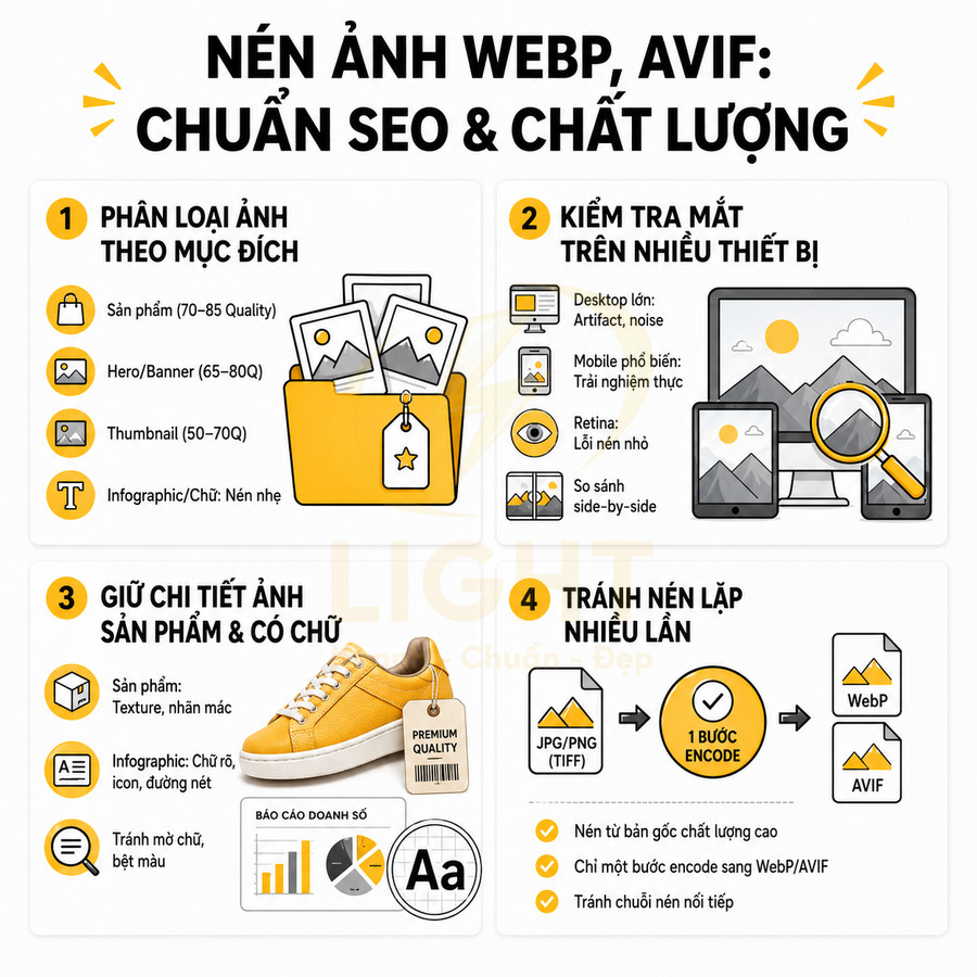 Hướng dẫn tối ưu nén ảnh WebP AVIF cho SEO với ví dụ giày thể thao màu vàng và biểu đồ minh họa