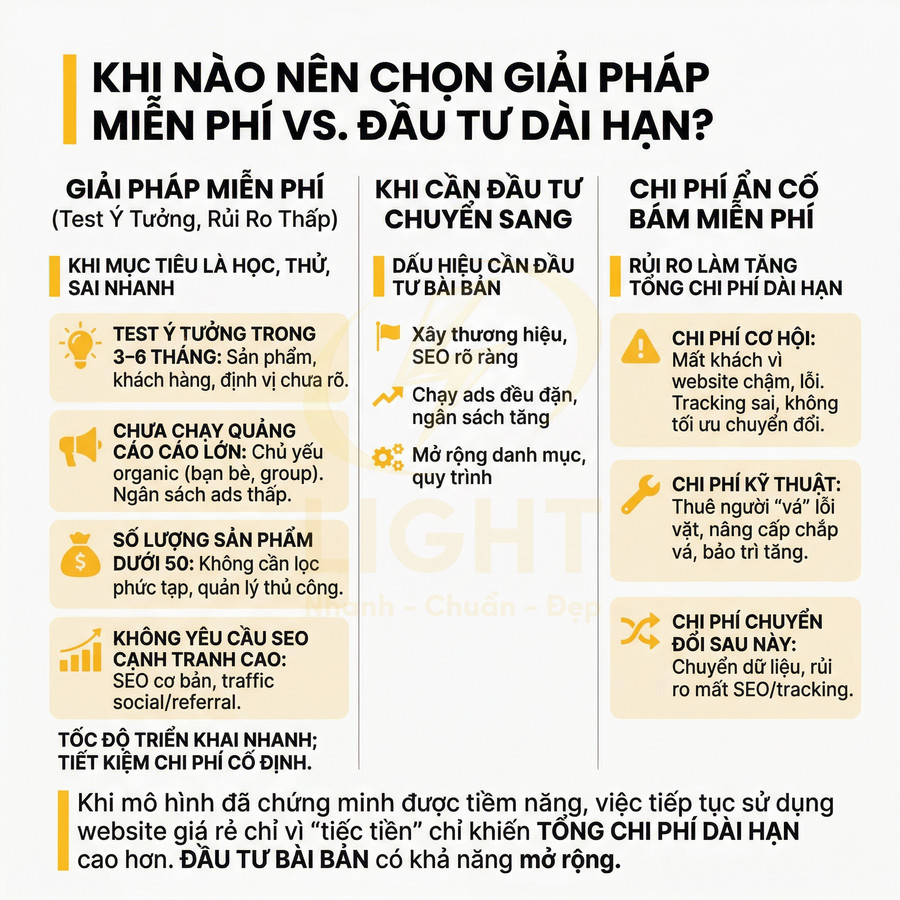 Infographic so sánh giải pháp marketing miễn phí và đầu tư dài hạn, nêu lợi ích, rủi ro và chi phí cho doanh nghiệp