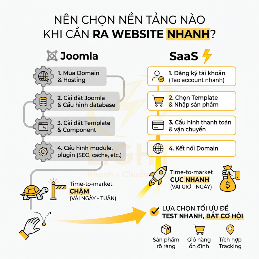 So sánh nền tảng Joomla và SaaS khi tạo website nhanh, nêu các bước triển khai và thời gian ra mắt