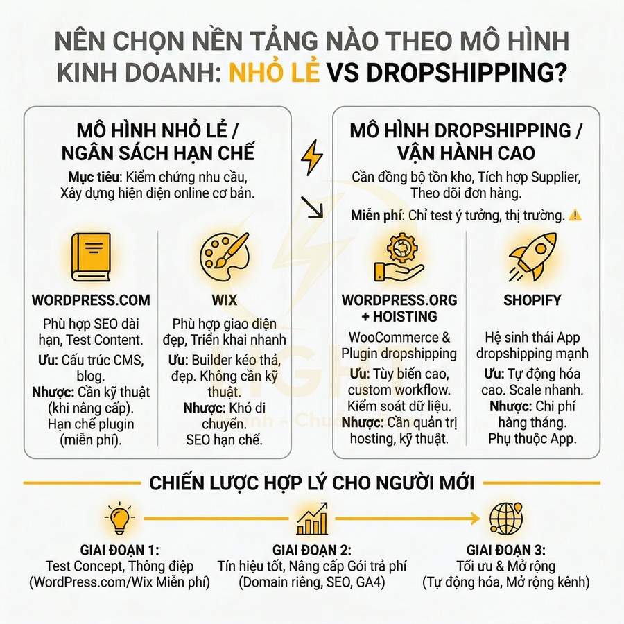 Infographic so sánh nền tảng WordPress, Wix, Shopify cho mô hình kinh doanh nhỏ lẻ và dropshipping