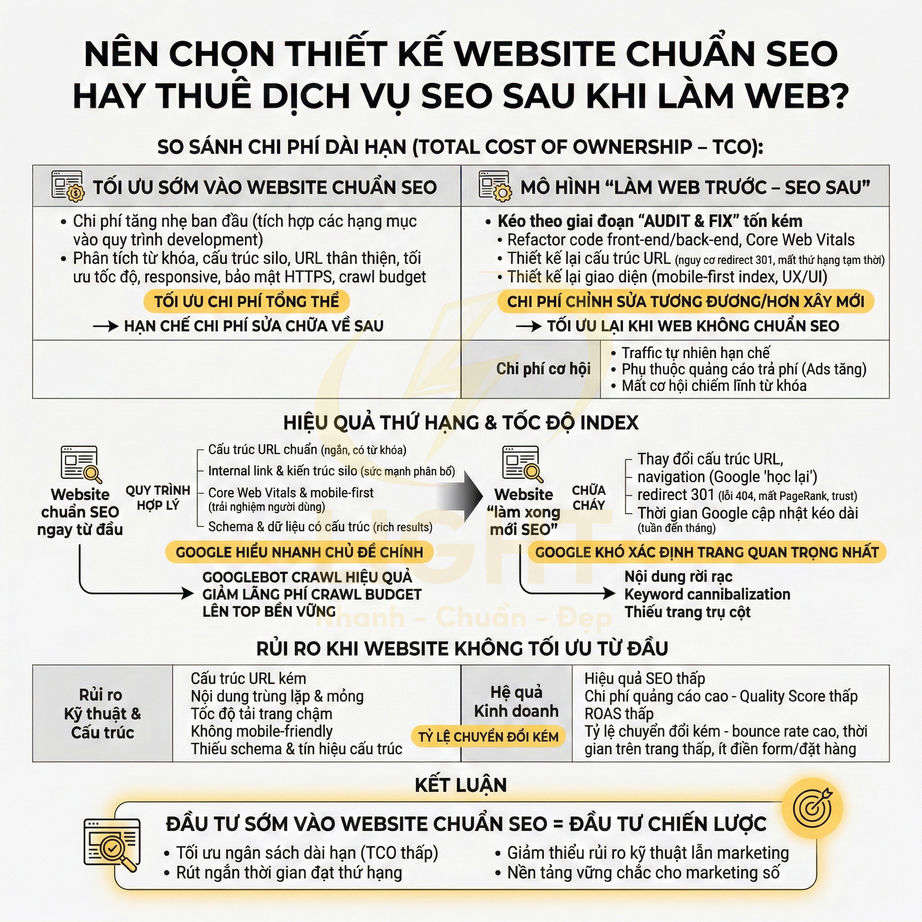 Infographic so sánh thiết kế website chuẩn SEO ngay từ đầu với thuê dịch vụ SEO sau khi làm web