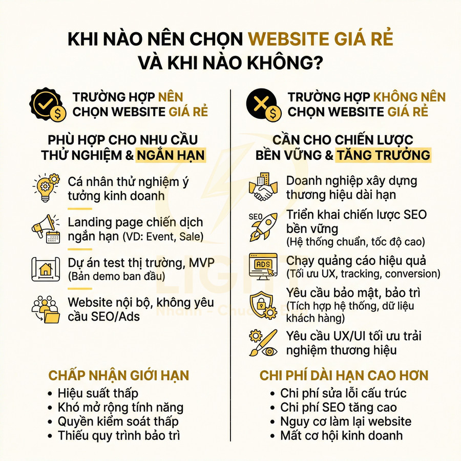 Infographic so sánh khi nên chọn website giá rẻ và khi không nên, nêu ưu nhược điểm và chi phí dài hạn