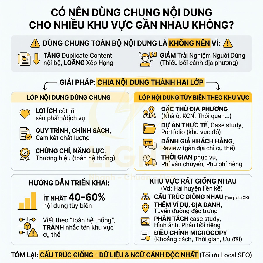 Infographic hướng dẫn chia nội dung SEO theo khu vực, tránh dùng chung toàn bộ nội dung cho nhiều địa phương