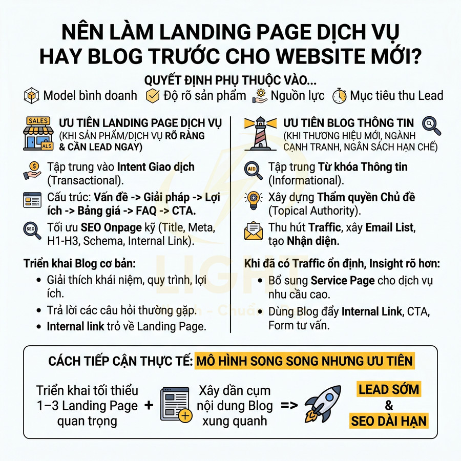 Infographic so sánh ưu tiên làm landing page dịch vụ hay blog thông tin cho website mới, kèm mô hình triển khai song song