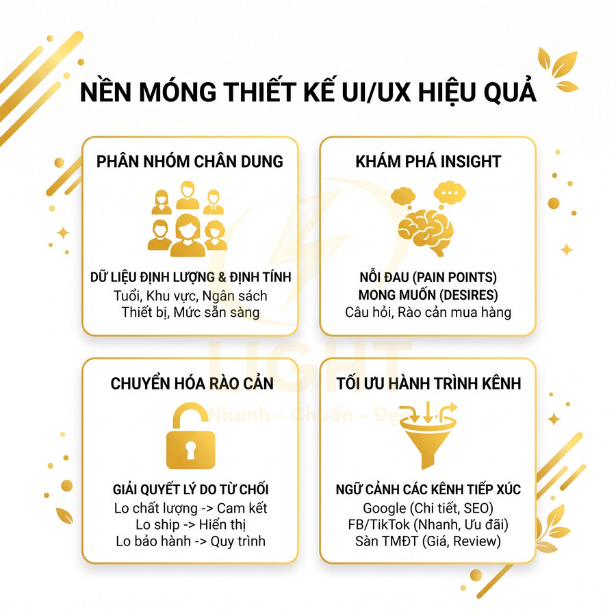 Nội dung nền móng thiết kế UI UX hiệu quả với bốn bước phân nhóm chân dung, khám phá insight, chuyển hóa rào cản, tối ưu hành trình kênh
