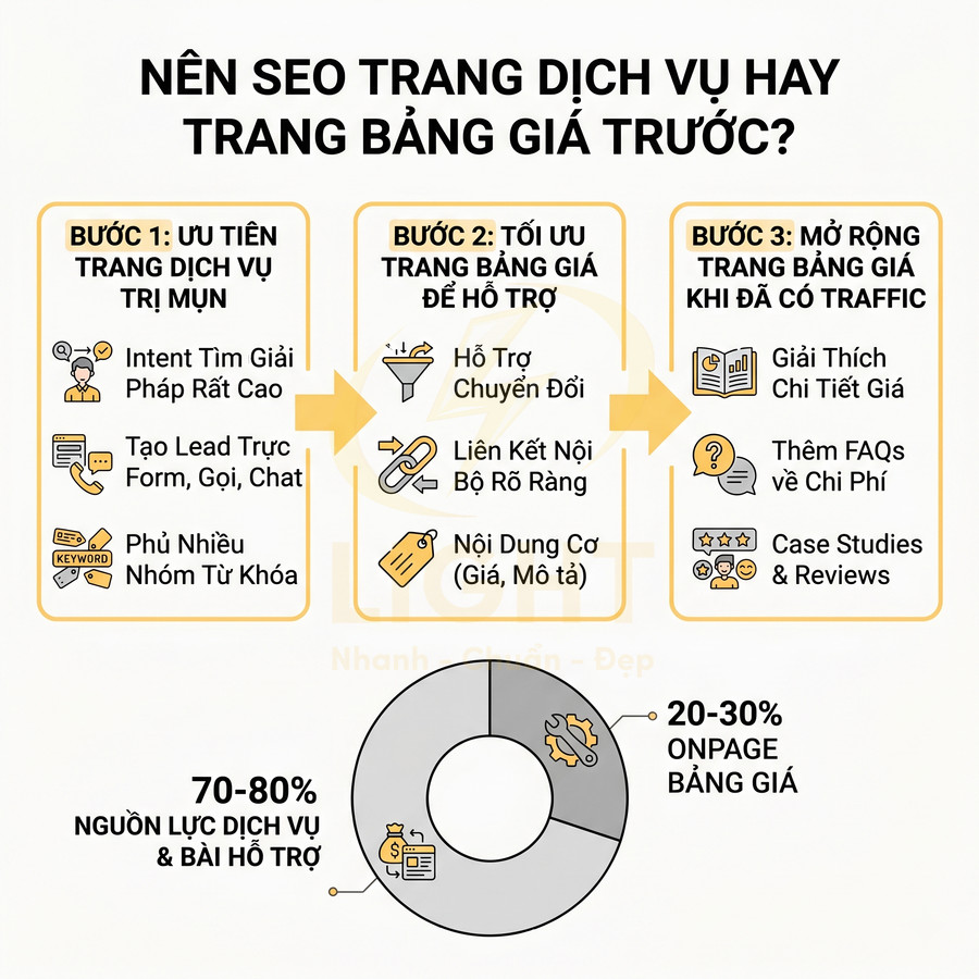 Hướng dẫn chiến lược SEO ưu tiên trang dịch vụ rồi tối ưu và mở rộng trang bảng giá để tăng chuyển đổi