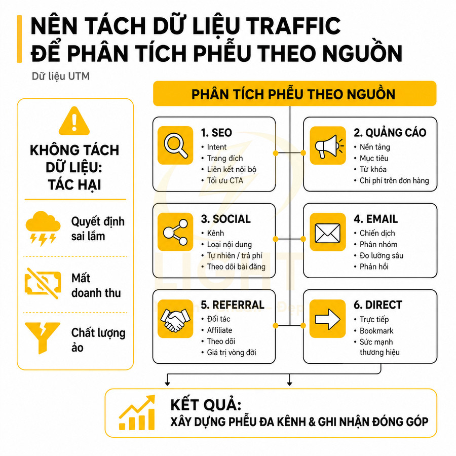 Infographic hướng dẫn tách dữ liệu traffic theo nguồn UTM để phân tích phễu marketing đa kênh và tối ưu hiệu quả chuyển đổi