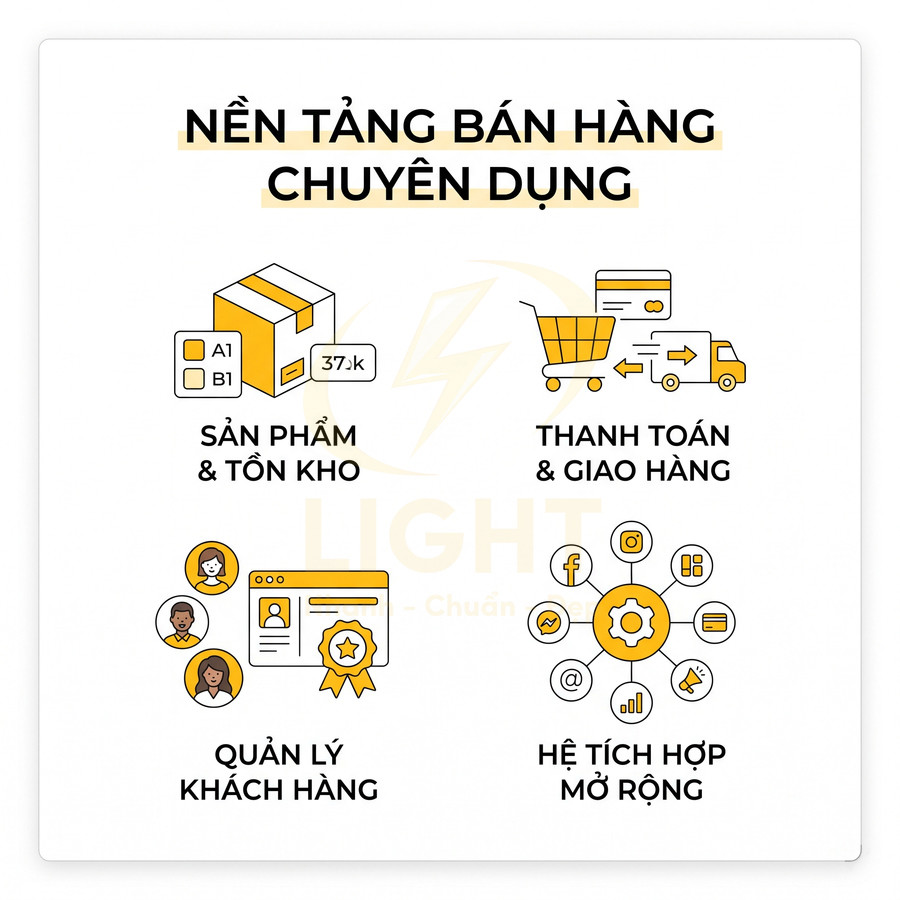 Nền tảng bán hàng chuyên dụng với quản lý sản phẩm tồn kho, thanh toán giao hàng, khách hàng và hệ tích hợp mở rộng