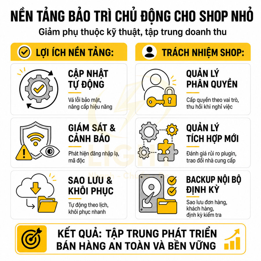 Nền tảng bảo trì chủ động cho shop nhỏ với các lợi ích cập nhật tự động, giám sát cảnh báo, sao lưu và backup định kỳ