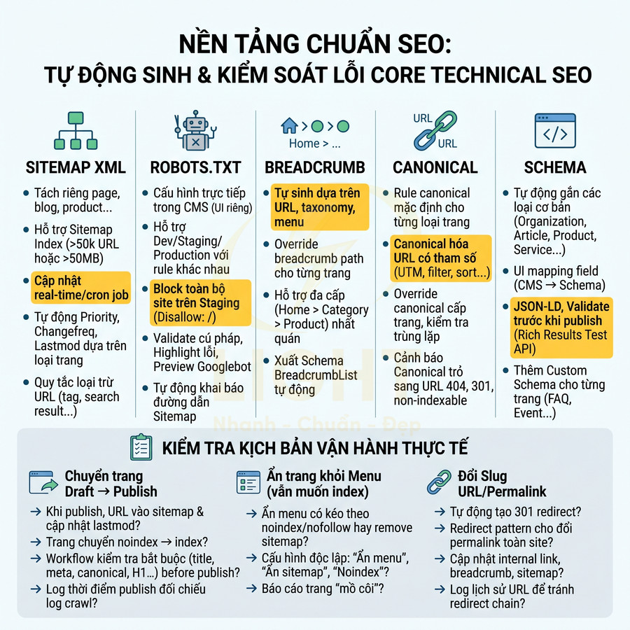 Nền tảng chuẩn SEO tự động sinh sitemap, robots.txt, breadcrumb, canonical và schema, kiểm soát lỗi technical SEO