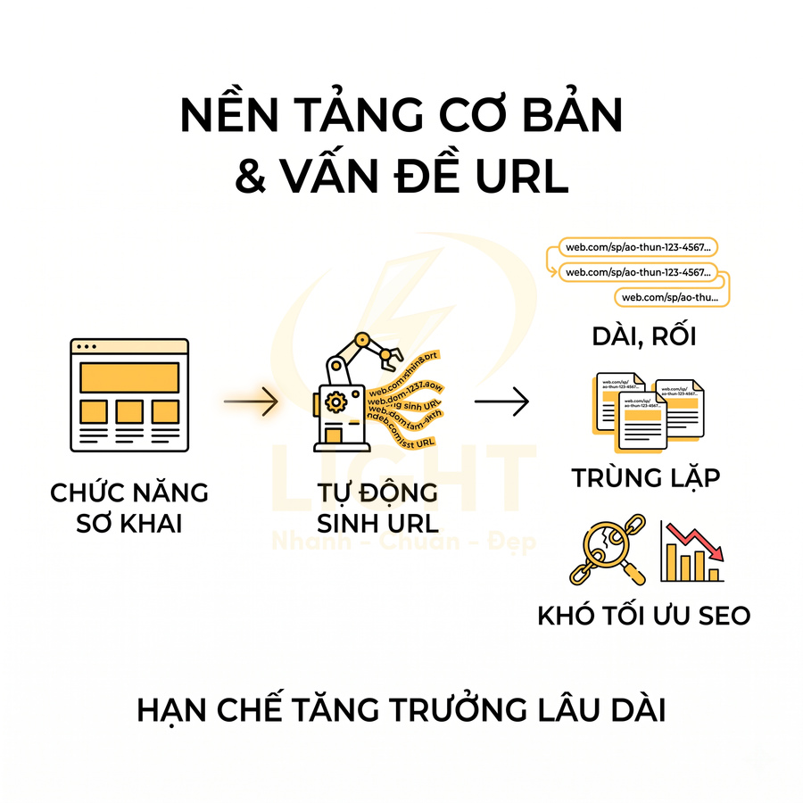Mô tả vấn đề URL tự động trên nền tảng cơ bản gây URL dài, trùng lặp và khó tối ưu SEO