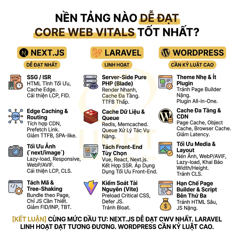 So sánh Next.js, Laravel và WordPress về khả năng tối ưu Core Web Vitals cho website