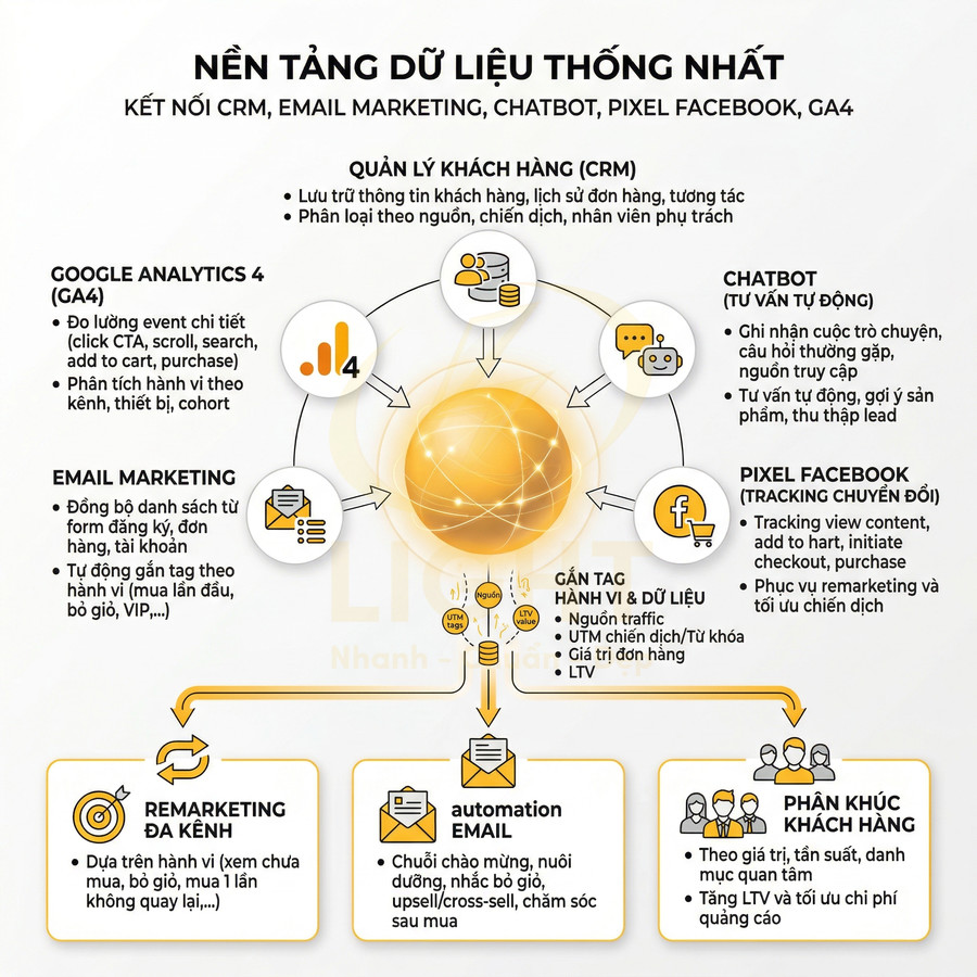 Nền tảng dữ liệu thống nhất kết nối CRM email marketing chatbot pixel Facebook và GA4 cho doanh nghiệp