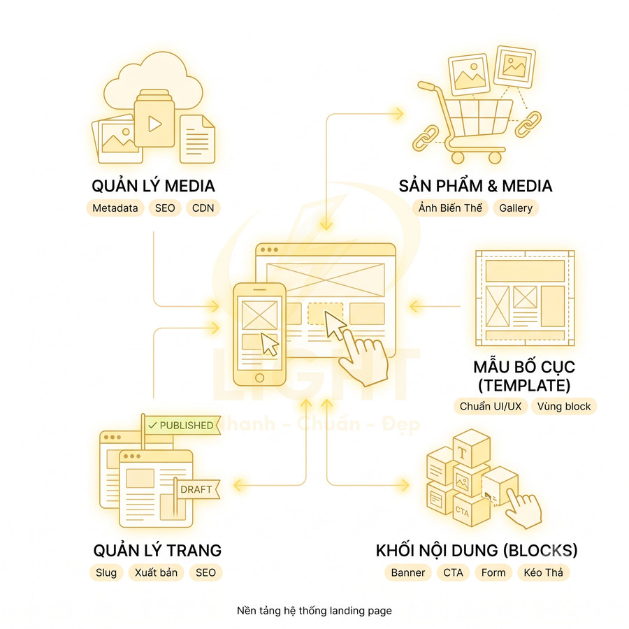 Mô tả nền tảng hệ thống landing page với quản lý media, sản phẩm, bố cục, khối nội dung và quản lý trang