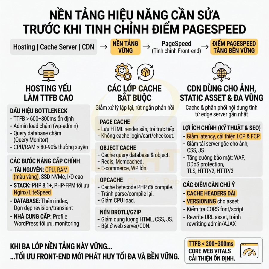 Infographic tối ưu hiệu năng web với hosting, cache, CDN và các bước cải thiện TTFB, PageSpeed, Core Web Vitals