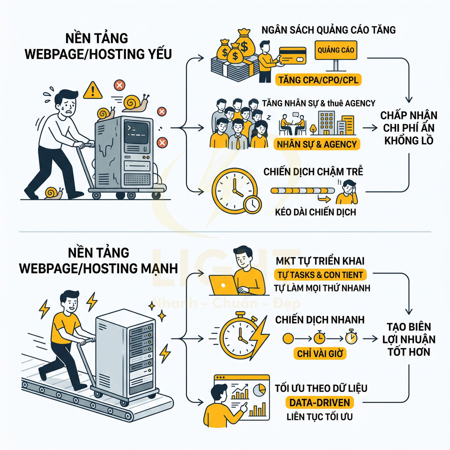 So sánh nền tảng hosting yếu và mạnh ảnh hưởng đến tốc độ website, chiến dịch marketing và lợi nhuận