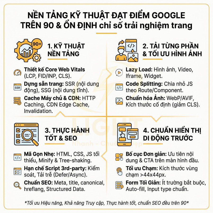 Infographic hướng dẫn tối ưu kỹ thuật website để đạt điểm Google PageSpeed trên 90 và cải thiện trải nghiệm người dùng