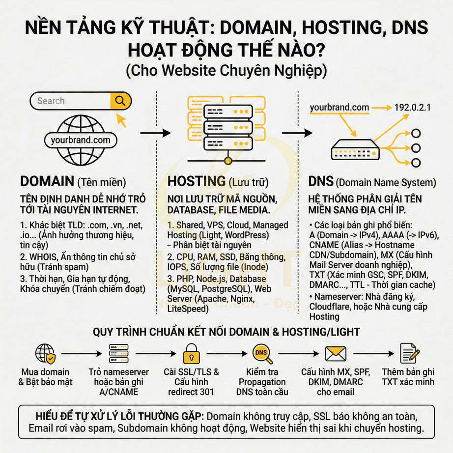 Infographic giải thích cách hoạt động của domain, hosting và DNS cho website chuyên nghiệp bằng sơ đồ minh họa