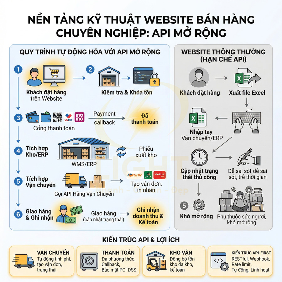 Mô tả quy trình tự động hóa bán hàng qua API mở rộng so với website thông thường, tối ưu kho vận và thanh toán
