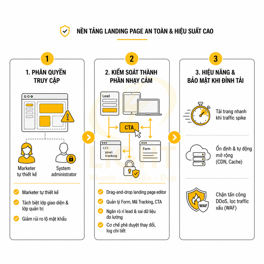 Mô tả nền tảng landing page an toàn hiệu suất cao với phân quyền truy cập, kiểm soát CTA và bảo mật chống DDoS