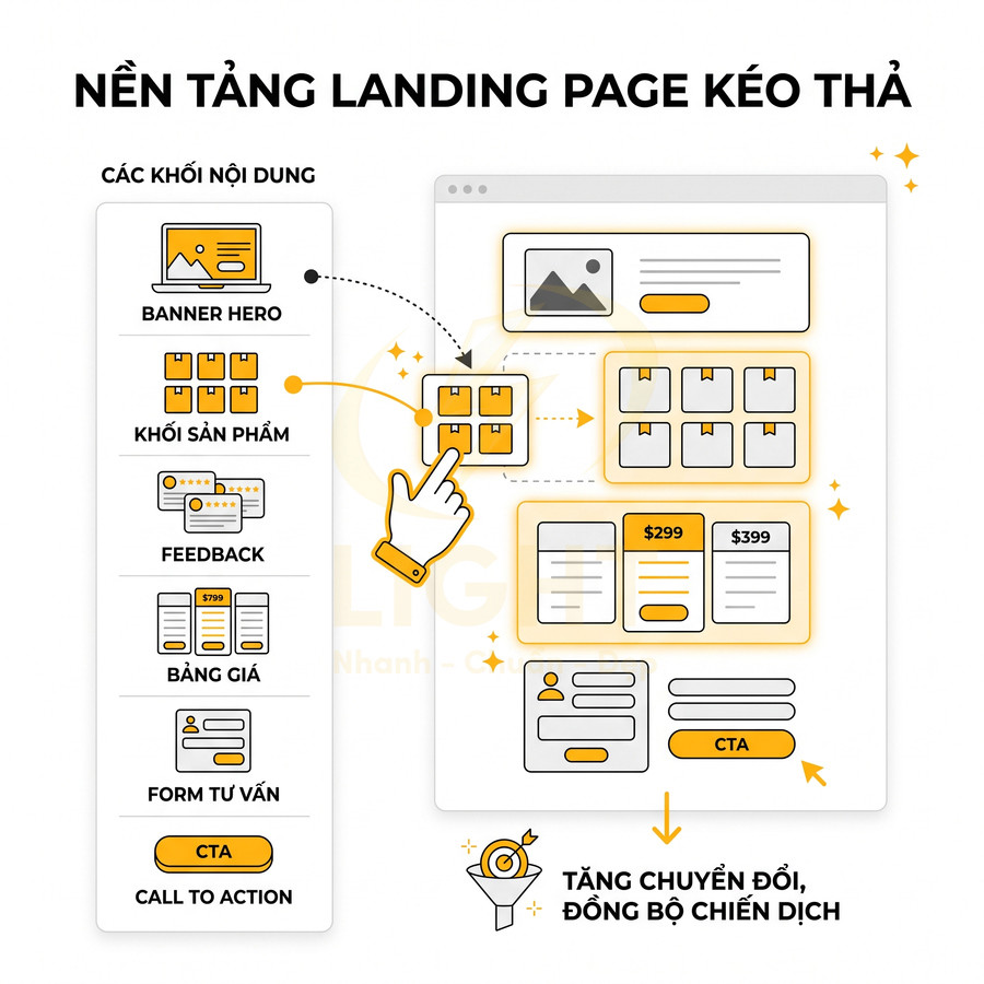 Nền tảng tạo landing page kéo thả với các khối banner, sản phẩm, feedback, bảng giá, form tư vấn và nút CTA