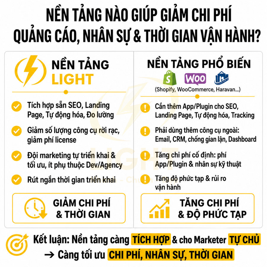 So sánh nền tảng Light tích hợp SEO với các nền tảng phổ biến như Shopify, WooCommerce về chi phí và thời gian vận hành