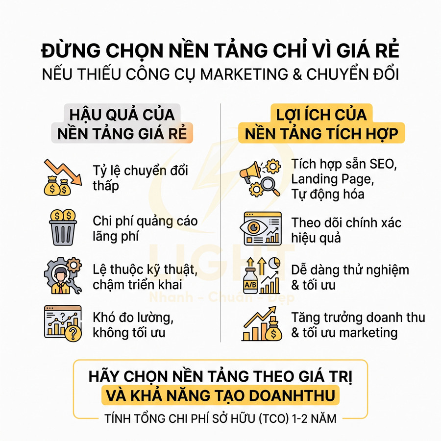 So sánh hậu quả nền tảng giá rẻ và lợi ích nền tảng tích hợp cho marketing và chuyển đổi doanh thu