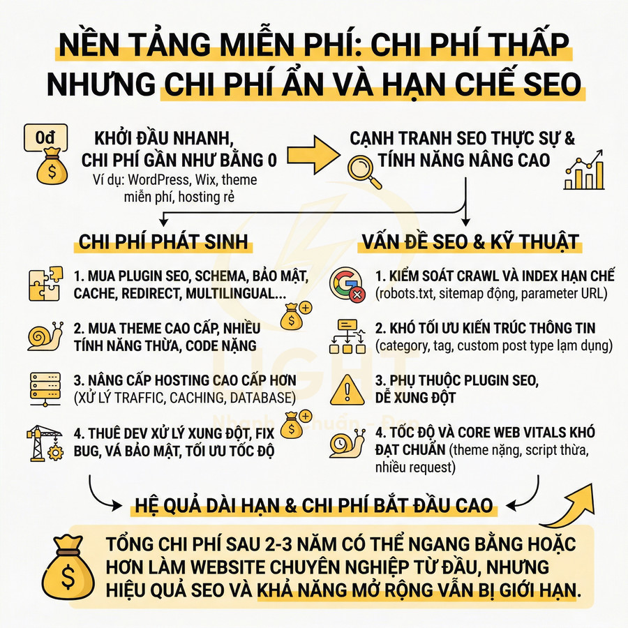 Infographic so sánh nền tảng website miễn phí với chi phí ẩn, hạn chế SEO và hiệu quả dài hạn