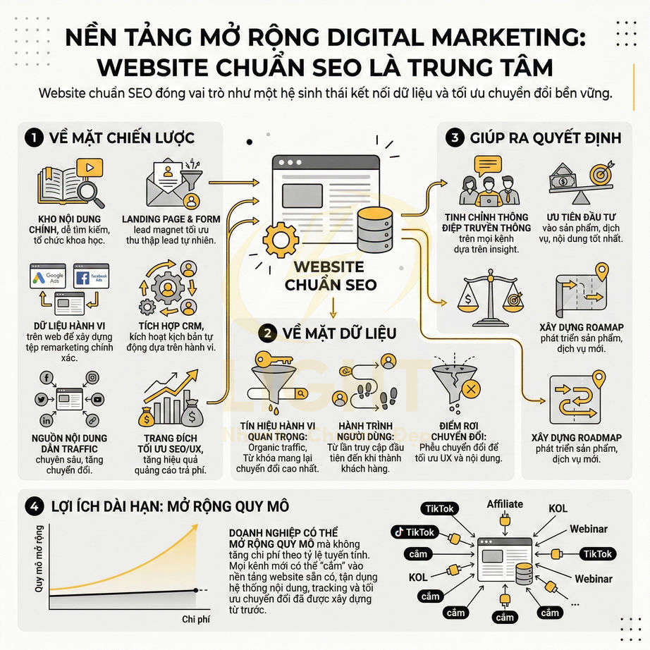 Infographic mô tả vai trò của website chuẩn SEO làm trung tâm mở rộng digital marketing và tối ưu chuyển đổi