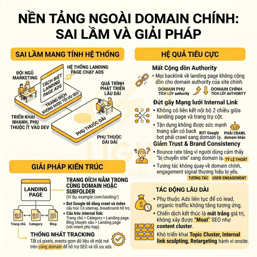 Infographic nền tảng ngoài domain chính sai lầm và giải pháp tối ưu landing page cho SEO