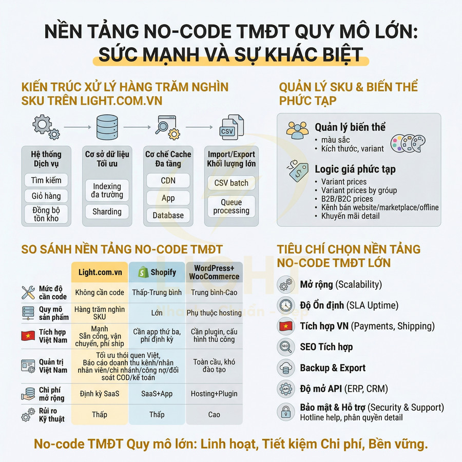 Infographic nền tảng no-code TMĐT Light.com.vn so sánh với Shopify và WordPress WooCommerce, nêu kiến trúc và tiêu chí lựa chọn