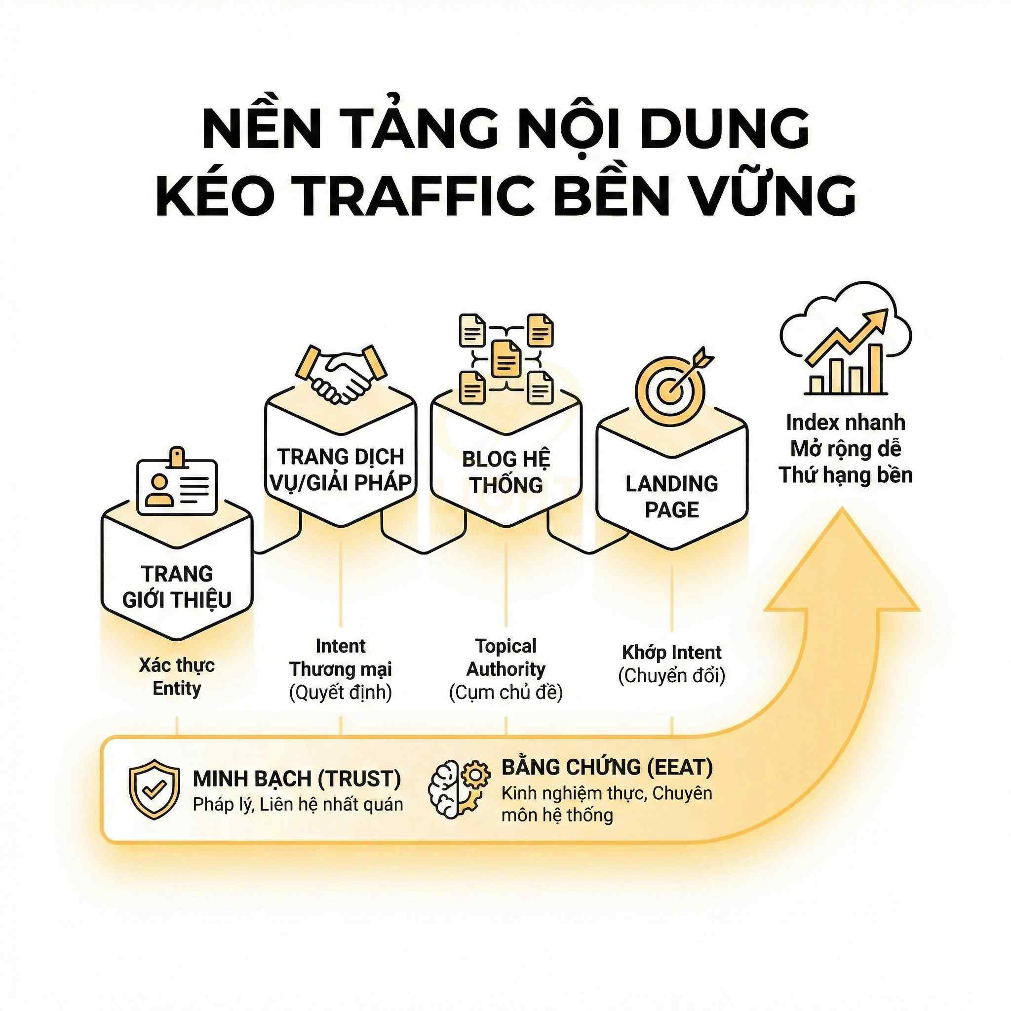 Nền tảng nội dung SEO kéo traffic bền vững với trang giới thiệu, dịch vụ, blog hệ thống và landing page