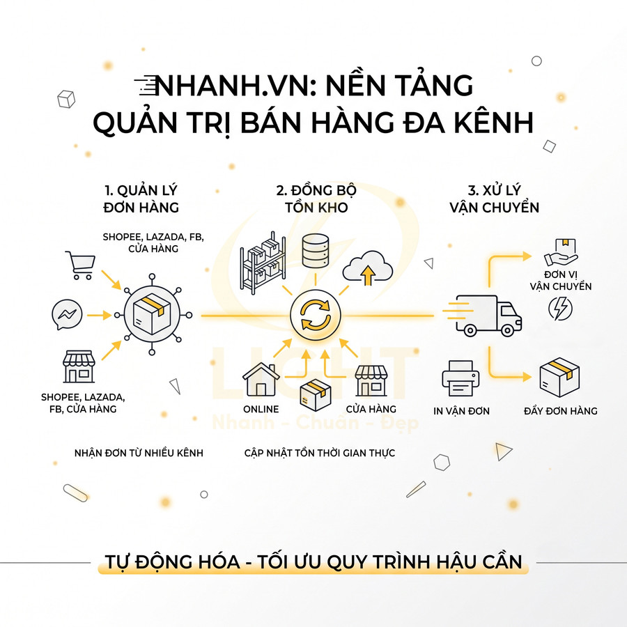 Nền tảng Nhanh.vn quản trị bán hàng đa kênh, đồng bộ đơn hàng, tồn kho và vận chuyển tự động hóa hậu cần