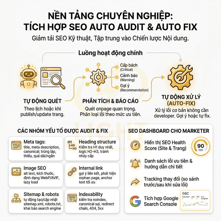 Infographic nền tảng SEO auto audit và auto fix, tự động quét, phân tích, sửa lỗi kỹ thuật và hiển thị SEO dashboard