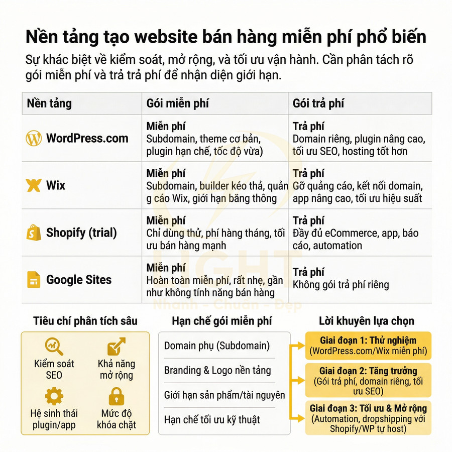 Bảng so sánh nền tảng tạo website bán hàng miễn phí WordPress Wix Shopify Google Sites và gợi ý lựa chọn