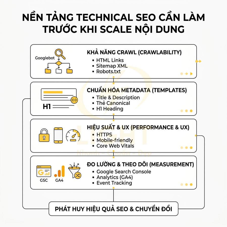 Checklist nền tảng technical SEO cần làm trước khi scale nội dung để tối ưu crawl UX và đo lường