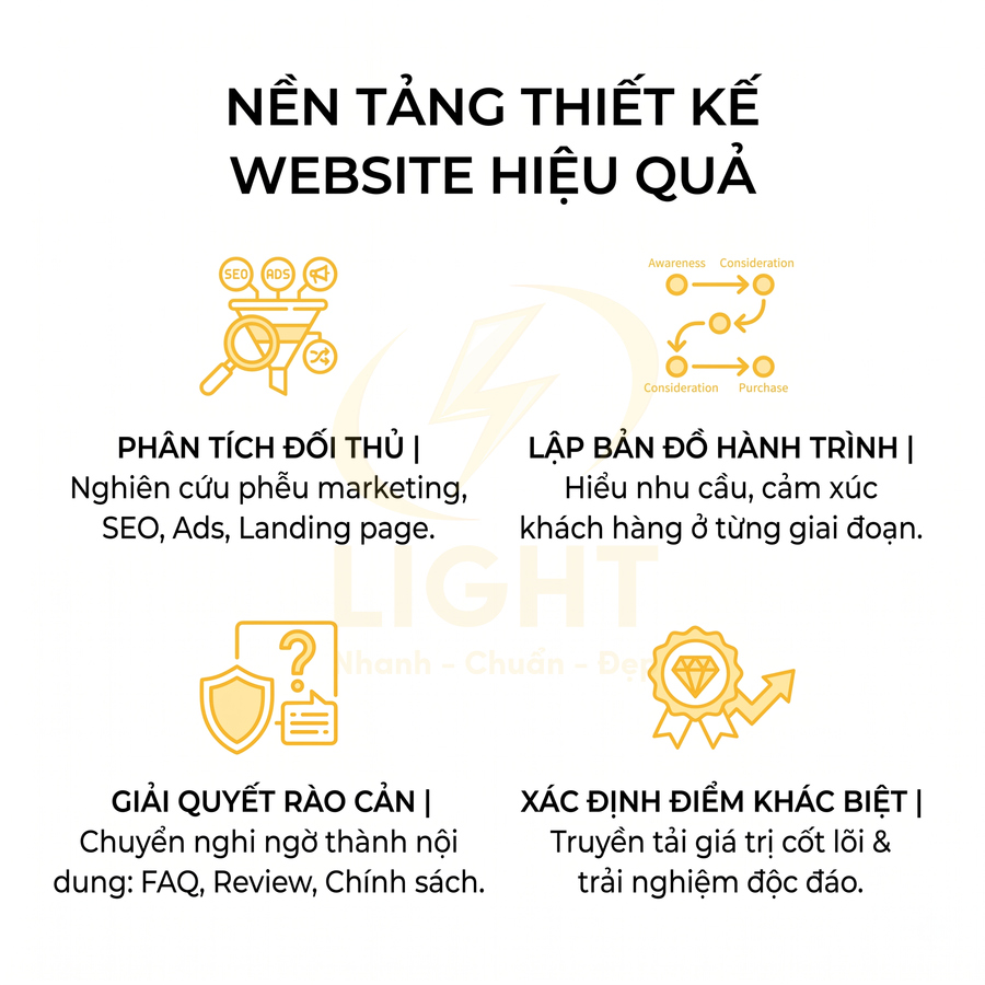 Nội dung hướng dẫn nền tảng thiết kế website hiệu quả với các bước phân tích đối thủ, hành trình khách hàng, giải quyết rào cản, xác định khác biệt